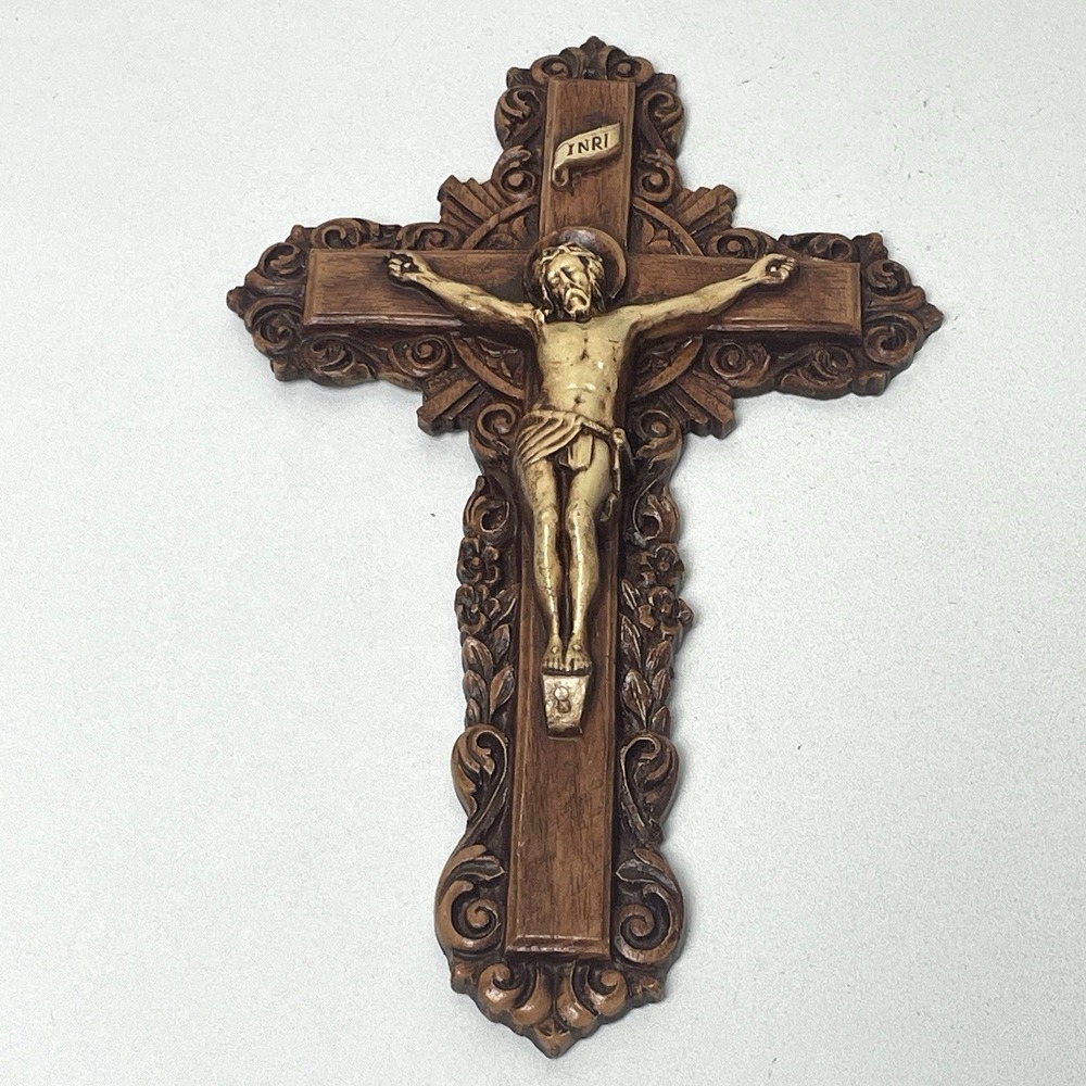Vintage Ornate Faux Wood Crucifix Jesus INRI Floral Scroll Wall Cross